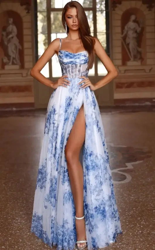 Model wearing a gown by Alyce Paris