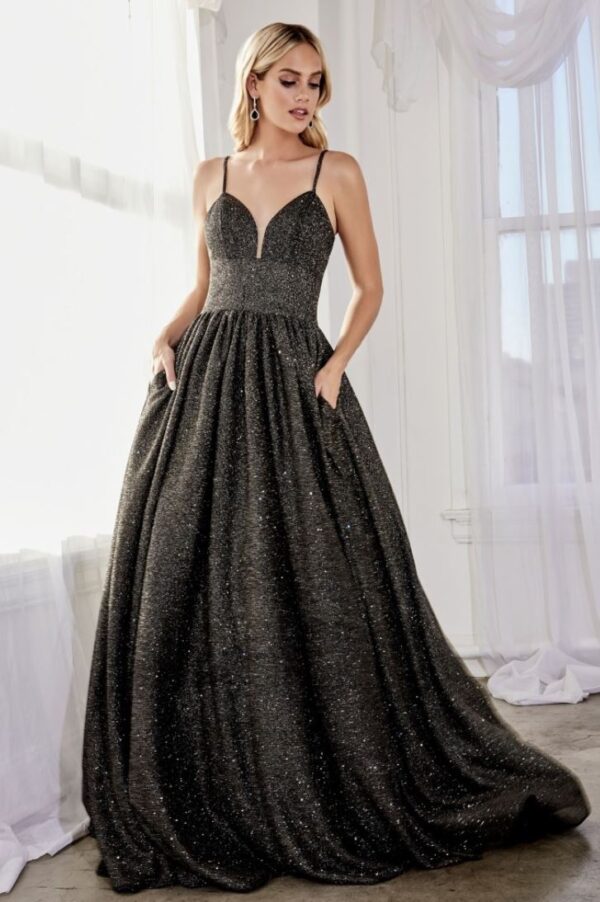 Model wears black sparkly dress