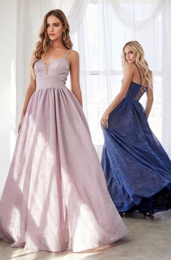 Models in pink and blue sparkly dresses