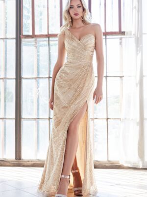 Model wears gold sequined dress