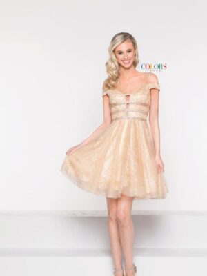 Model wears gold glittery dress