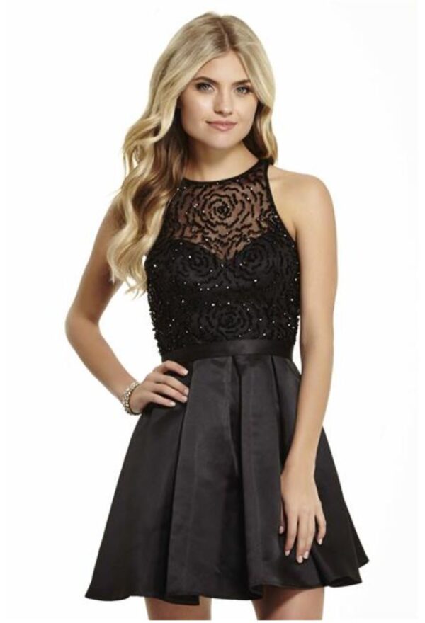 Model wears black lacy dress