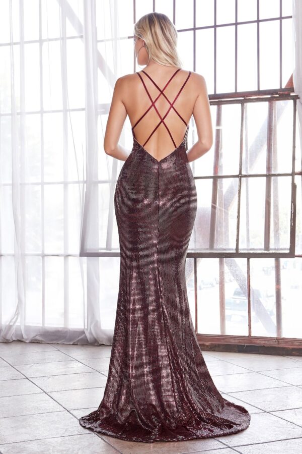 model shows back of wine dress