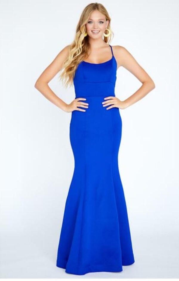 model wears royal blue fitted dress