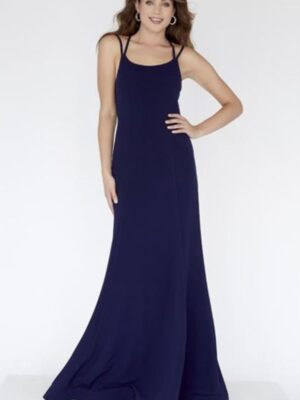 model wears navy blue fitted dress