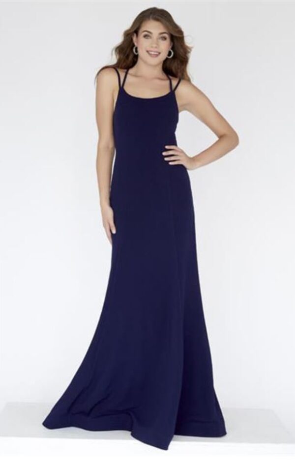 model wears navy blue fitted dress