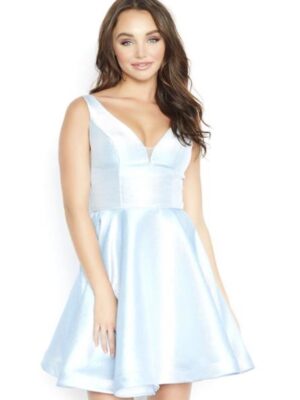 Model wears icy blue cocktail dress