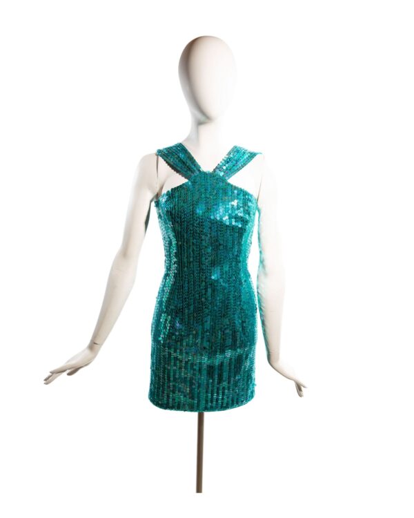 Turquoise sequined dress on mannequin