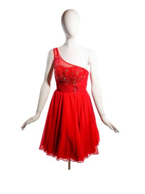 One-shoulder red dress on mannequin