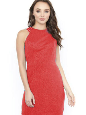 Model wears red dress