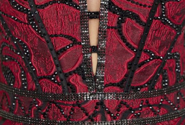 Closeup of black and burgundy dress