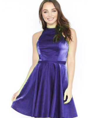 Model wears purple satin dress