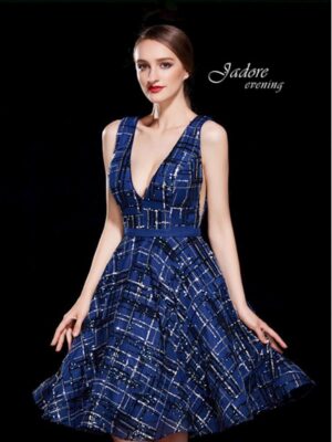 Model wears navy sequined dress