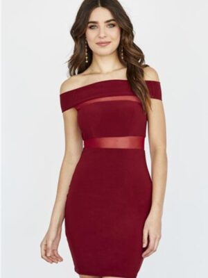 Model wears off-the-shoulder burgundy dress