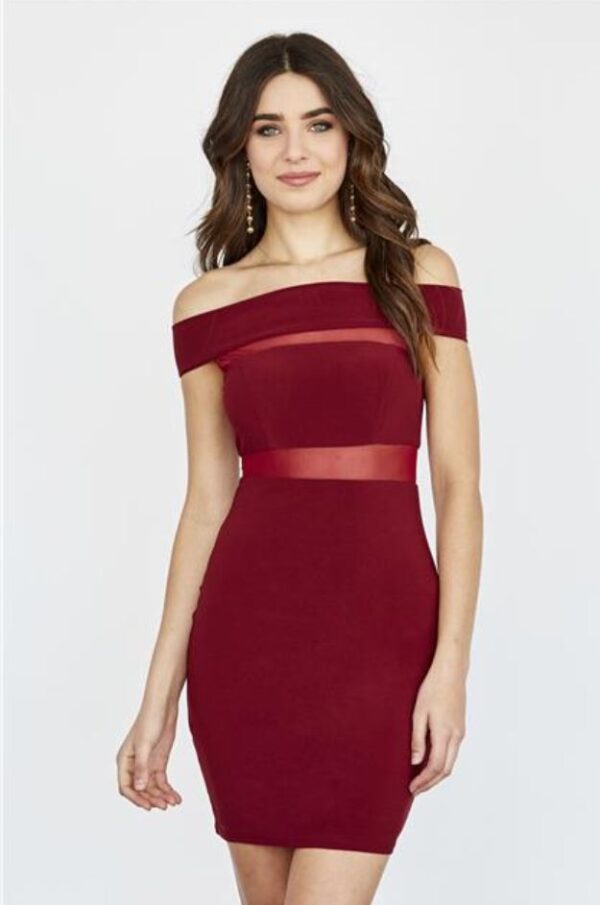Model wears off-the-shoulder burgundy dress