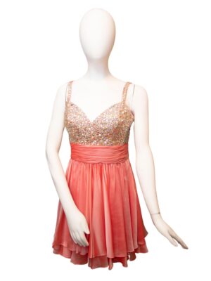 Beaded bodice with coral satin