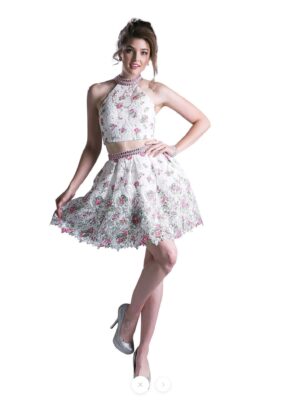 model wears two-piece floral dress
