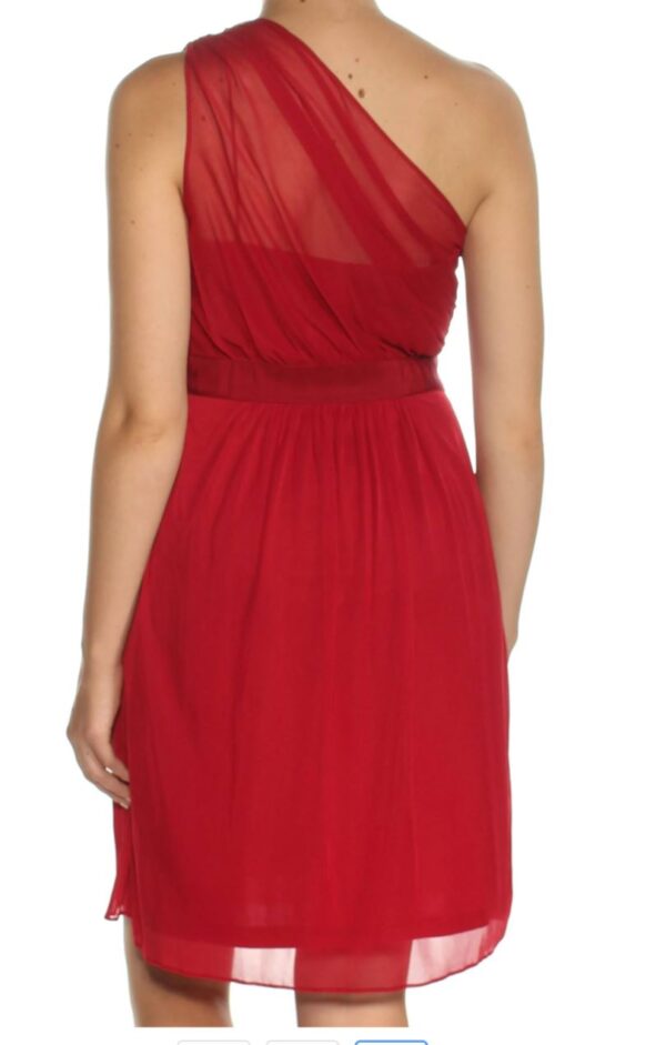 model shows back of red dress