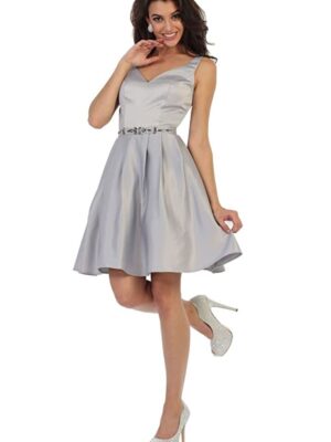 Silver satin dress on model