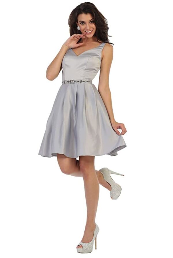 Silver satin dress on model