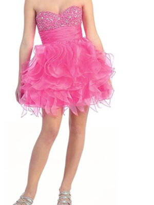 model shows pink party dress