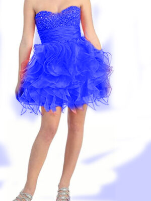 model shows blue ruffled dress
