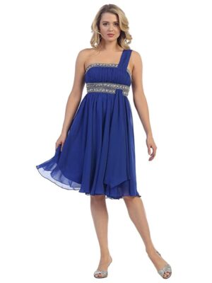 Model wears one-shoulder blue dress