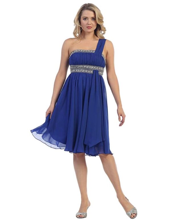 Model wears one-shoulder blue dress