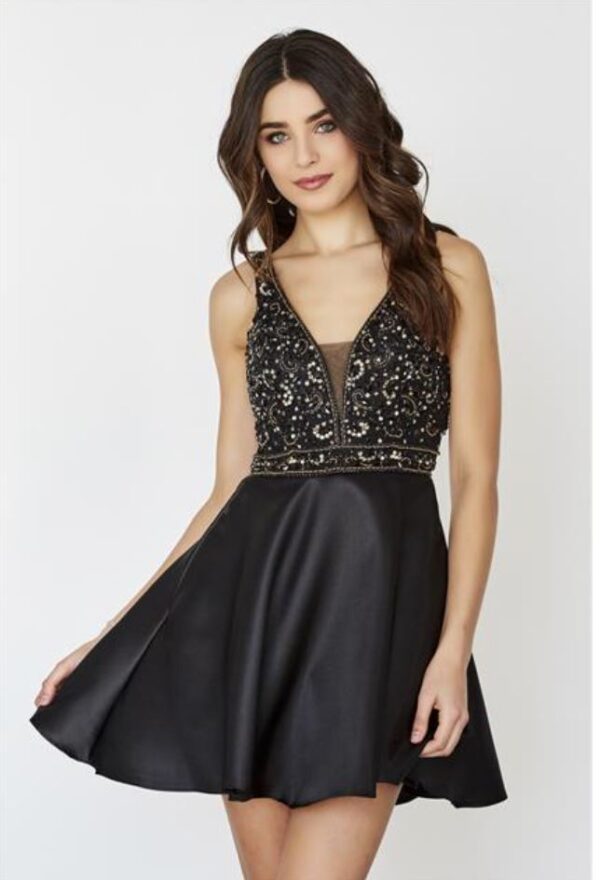 Model wears black beaded dress