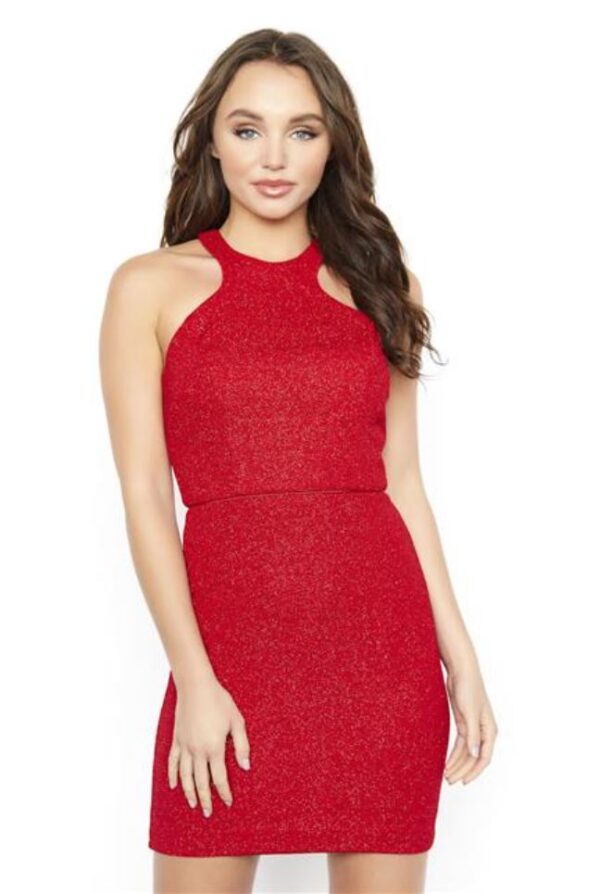 Model wears red cocktail dress