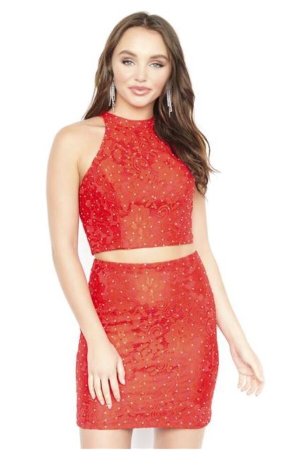 Model wears two-piece red dress