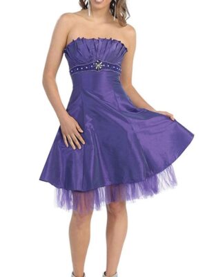 model wears purple pleated dress