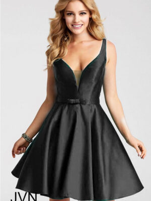 Model wears black dress