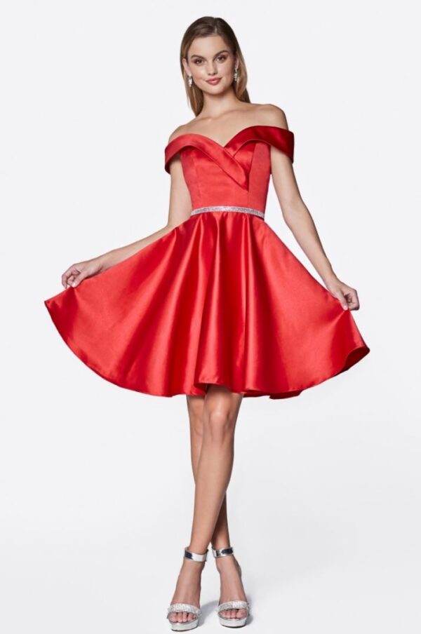 Model wears red off the shoulder dress