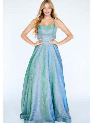 model wears long full blue dress