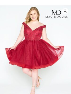 Model wears burgundy dress