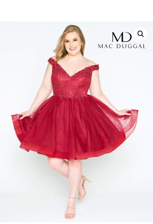 Model wears burgundy dress