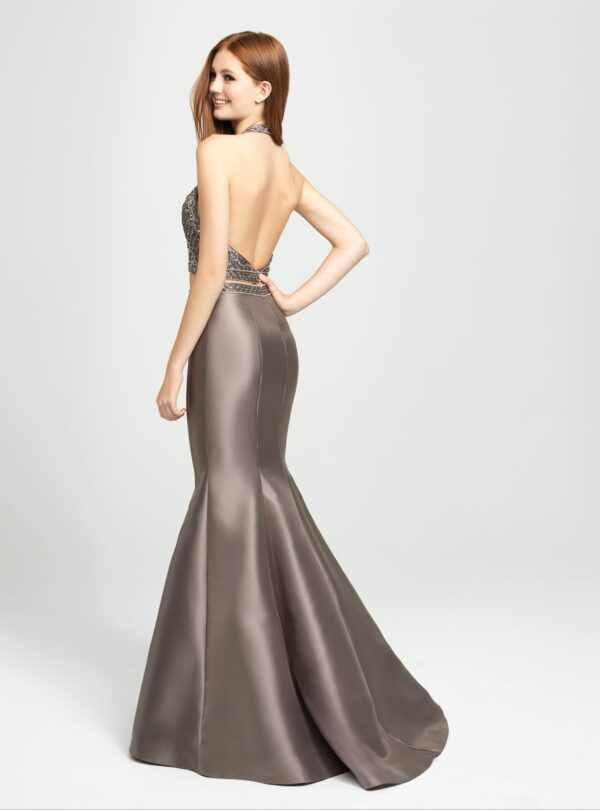 model shows back of gray mermaid dress