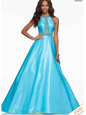 model wears turquoise ball gown