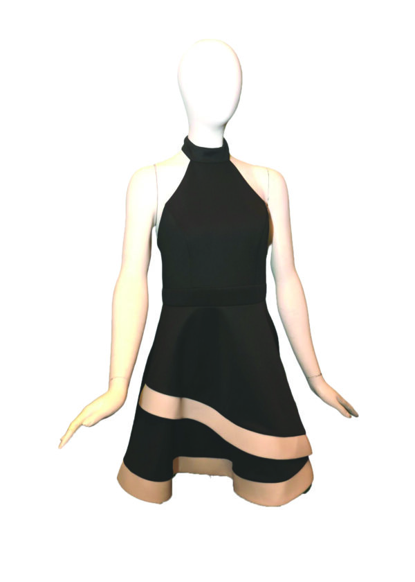 black dress on mannequin with white trim at bottom