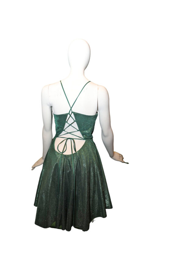 mannequin wears green dress with drawstring back