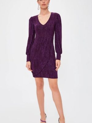 Model wears long-sleeved purple dress