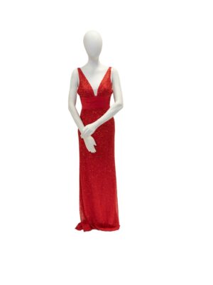 red beaded dress on mannequin