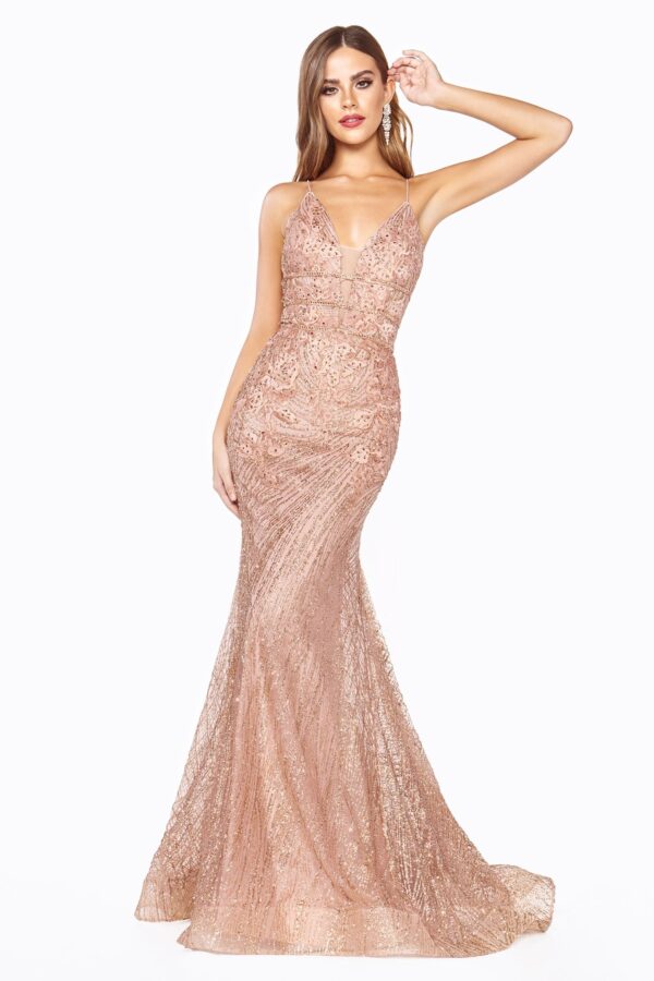 Model wears champagne glitter gown