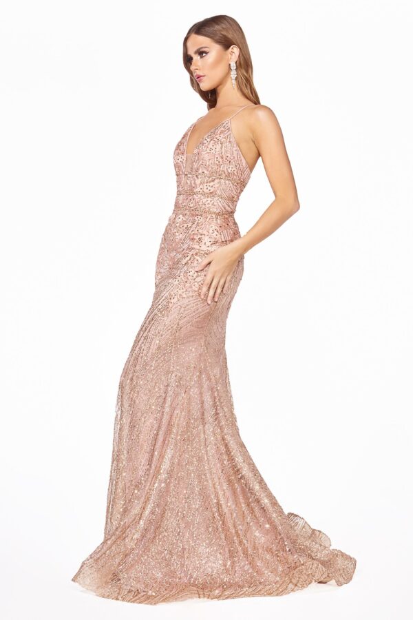 side view of sequined gown