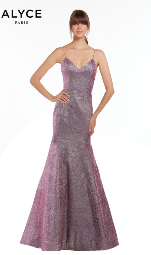 model shows sparkly fuchsia dress