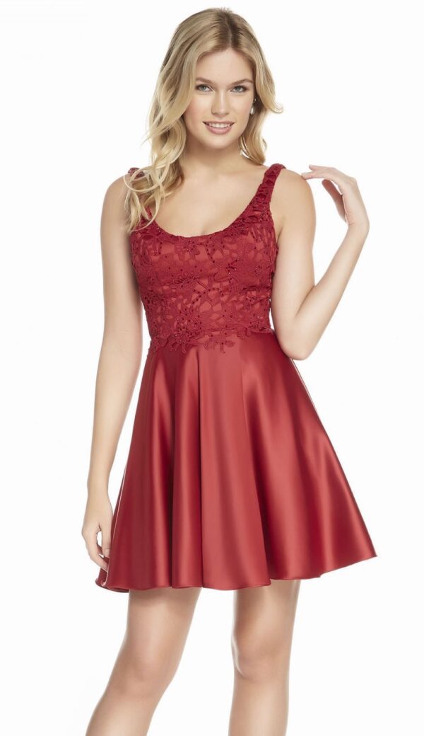 Model wears red short dress with satin skirt