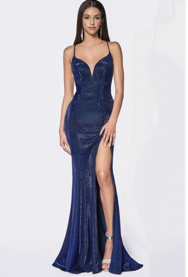 model in blue metallic gown