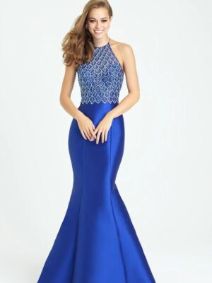 model shows royal blue sequined dress