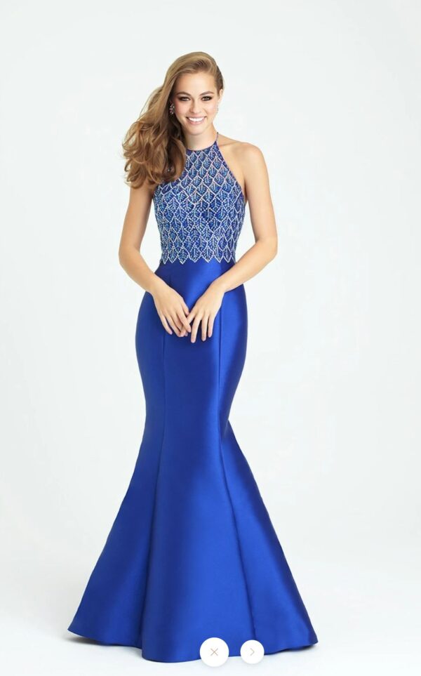 model shows royal blue sequined dress